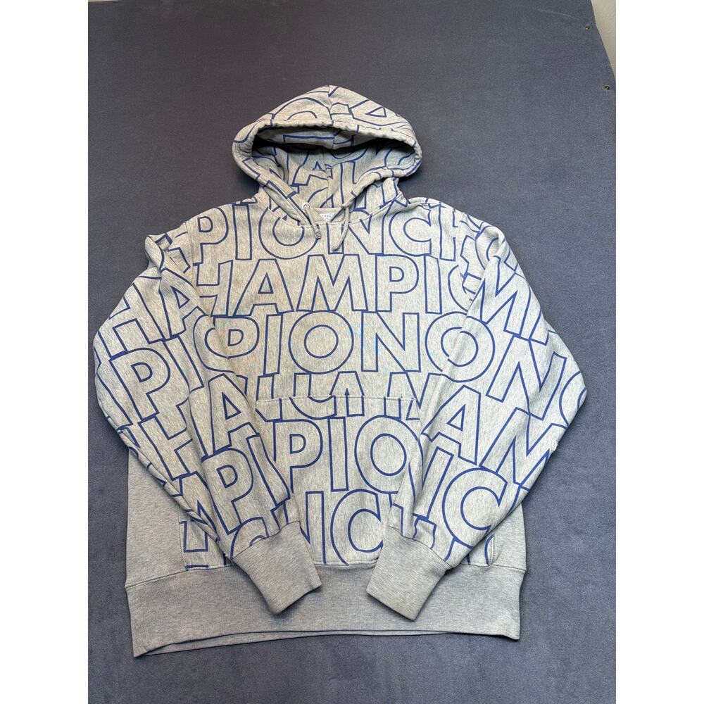 Champion Hoodie Mens Size Gray Reverse Weave Sweatshirt Spellout AOP Pullover